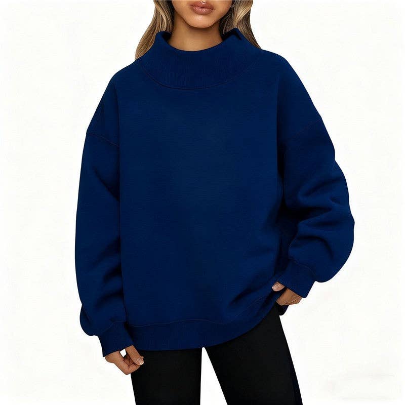 Solid Color High Neck Fleece Sweatshirt: GRAY BLUE / S