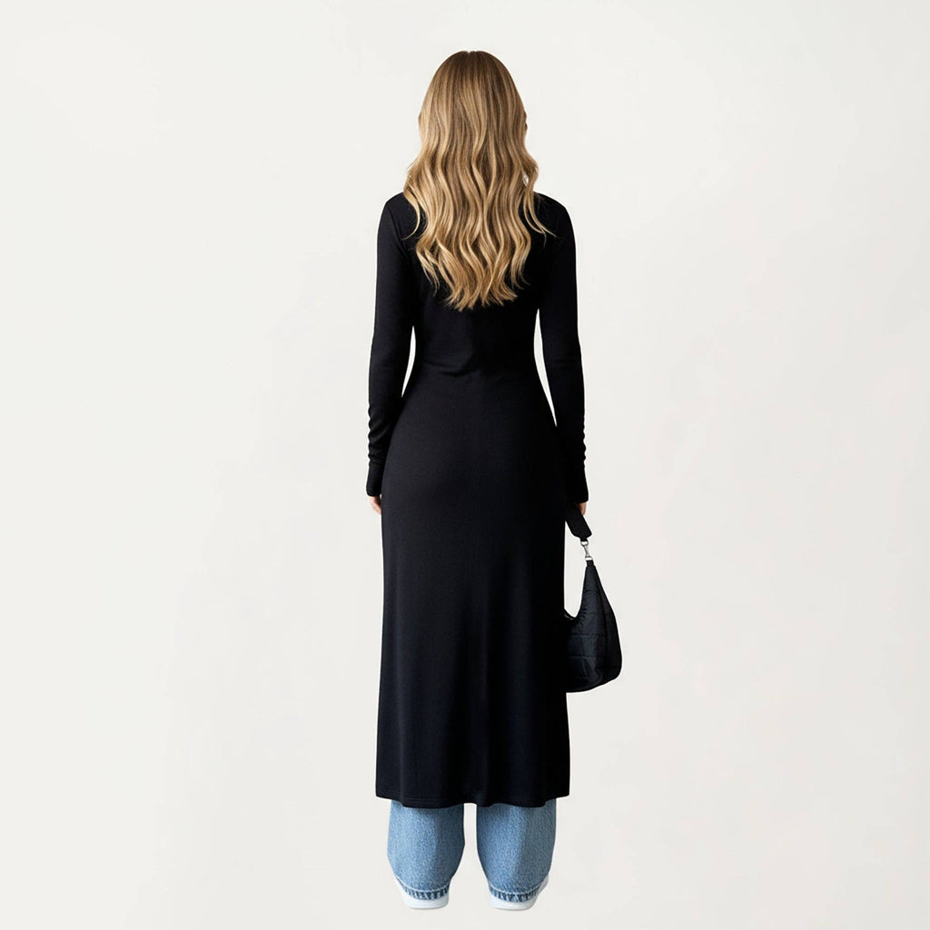 Long Sleeve Maxi Cardigan with Button Front and Deep Side Sl: Black / Small 4-6
