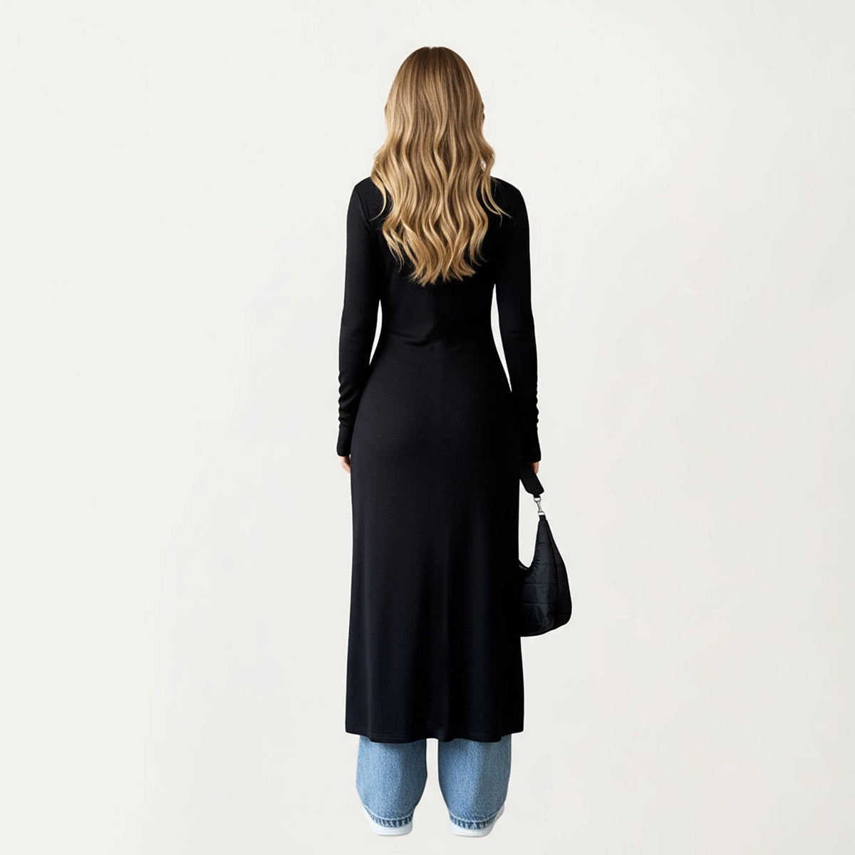 Long Sleeve Maxi Cardigan with Button Front and Deep Side Sl: Black / Small 4-6