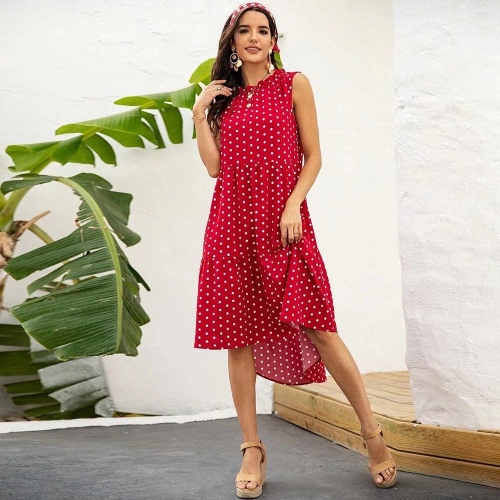 POLKA DOT RUFFLE HEM MIDI DRESS: Blue / S