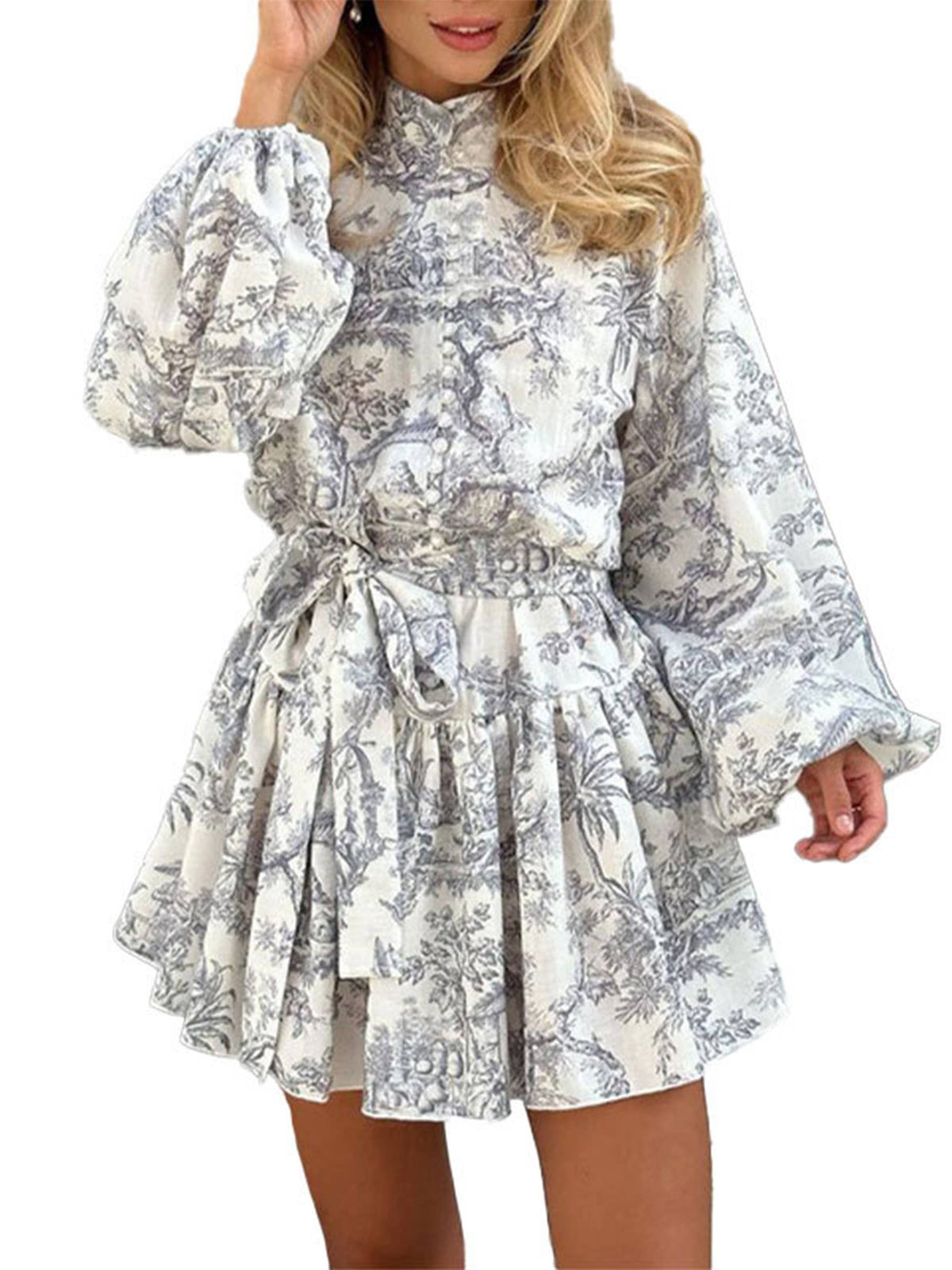 Long Sleeved Lace Up Printed Dress: Red / XL