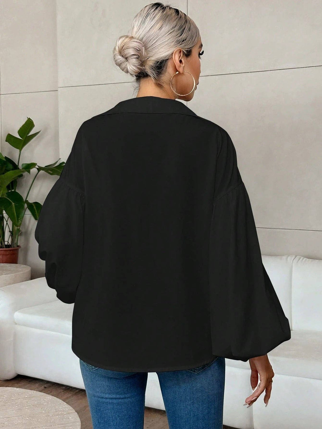 French Polka Dot Half-Open Collar Puff Sleeve Top: Black / 100% Polyester / S