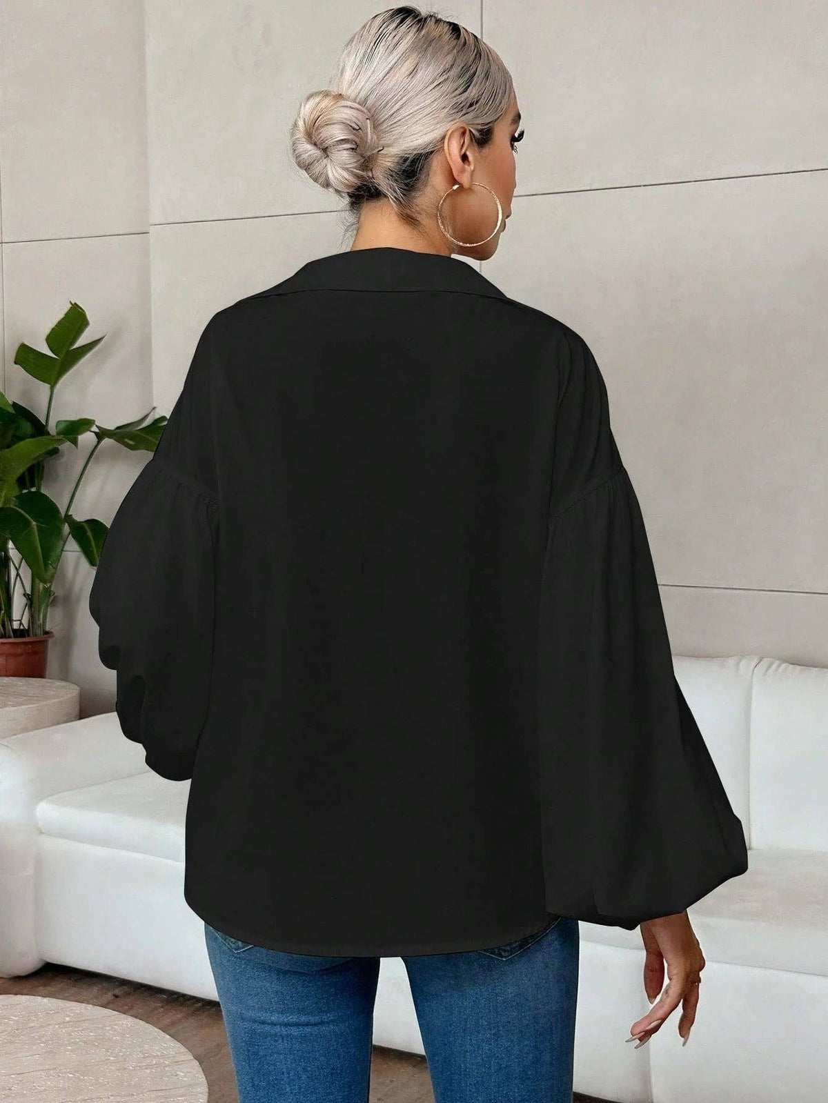 French Polka Dot Half-Open Collar Puff Sleeve Top: Black / 100% Polyester / S