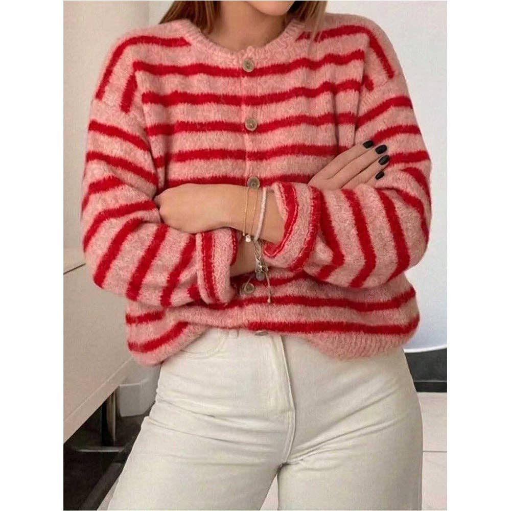 Striped Button Front Oversized Knit Cardigan: Red / 65%Polyester+30%Viscose   +5%Elastane / S
