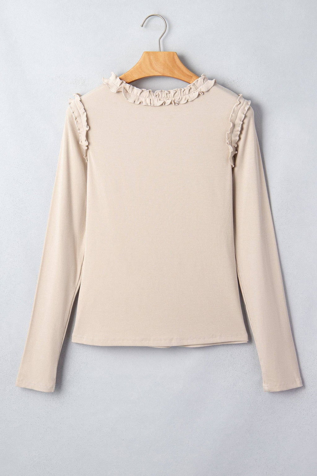 Beige Solid Color Round Neck Frill Detail Long Sleeve Top: Beige / XL