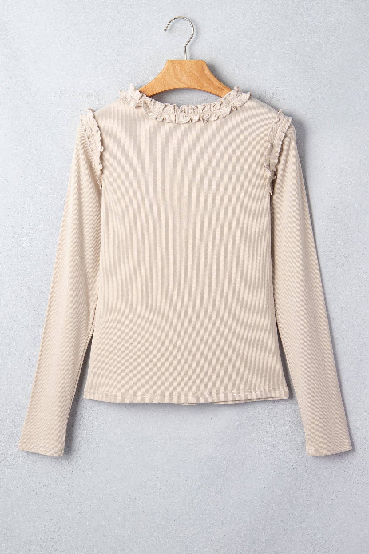 Beige Solid Color Round Neck Frill Detail Long Sleeve Top: Beige / XL