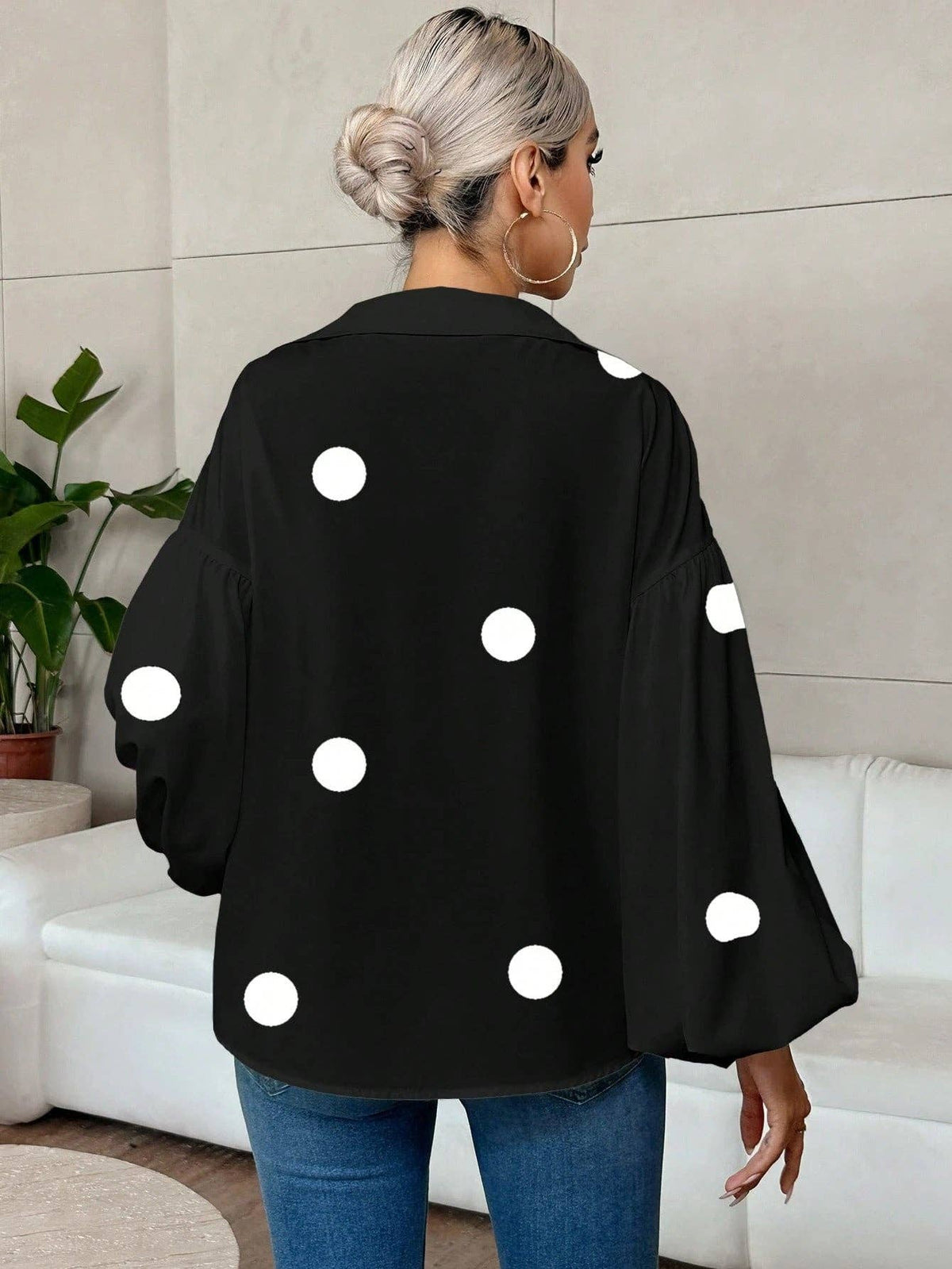 French Polka Dot Half-Open Collar Puff Sleeve Top: Black / 100% Polyester / S