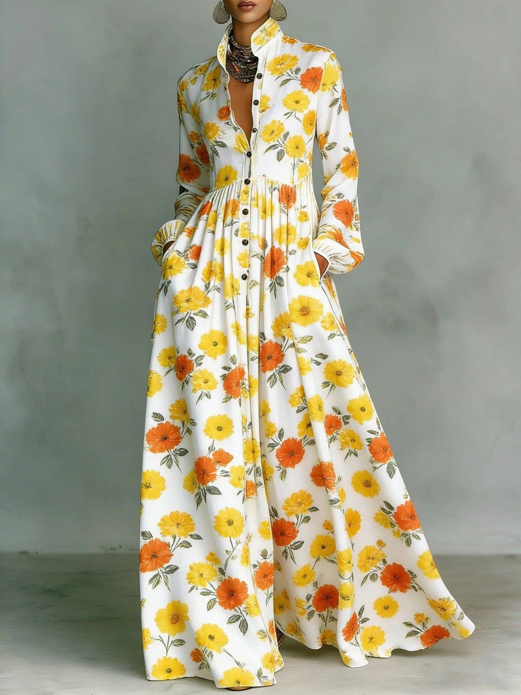 Vintage Floral Maxi Dress Long Sleeve Button Down Pockets: Brown / 100%Polyester / S