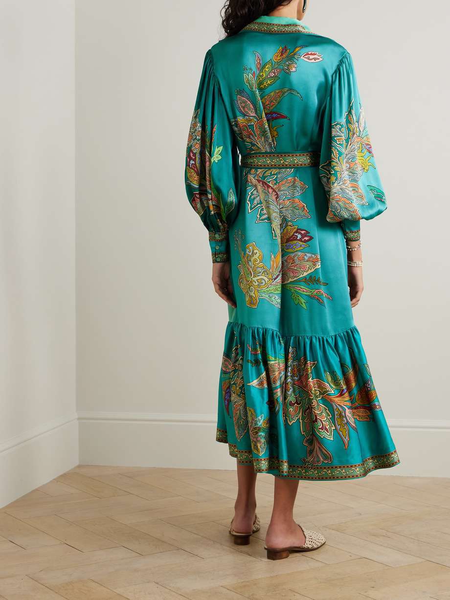 VINTAGE PRINT DRESS WITH LAPEL LANTERN SLEEVES: PEACOCKGREEN / (L) 1