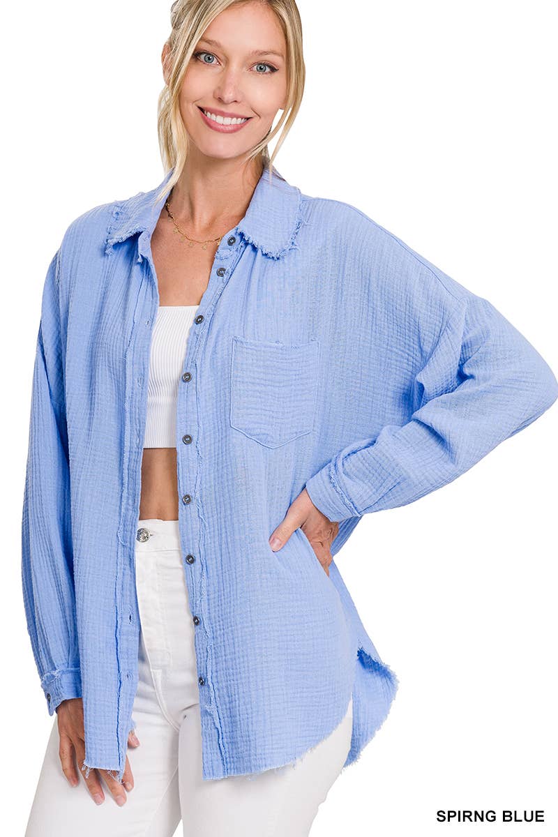 `Oversized Raw Edge Shirt W/ Back Patch Zenana: IVORY-147600 / XL