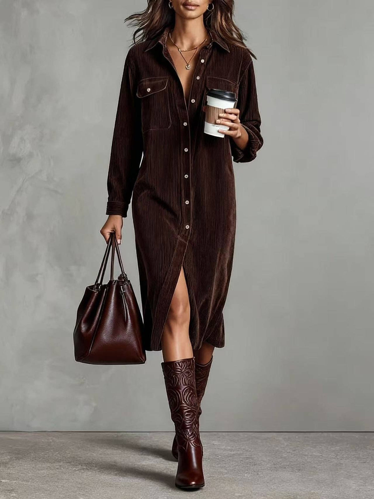 Corduroy Shirt Dress Long Sleeve Button Down Midi: Brown / 100%Polyester / XS