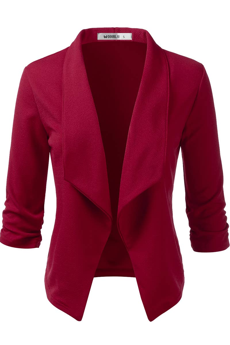 CWOBL091_Casual Work Ruched 3/4 Slv Open Front Blazer Jacket: MOCHA / (L) 1