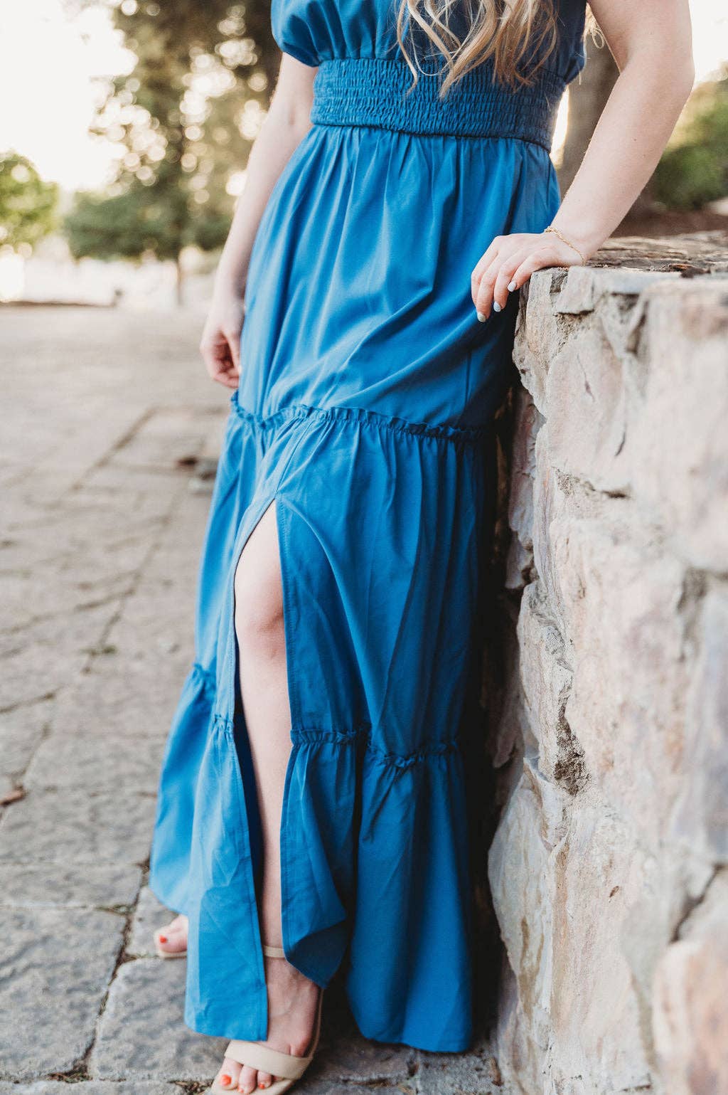 Annabelle Polka Dot  Split Maxi Dress: Light Blue / Medium