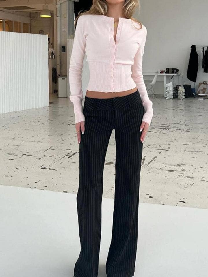 Ribbed Long Sleeve Button Front Cropped Cardigan: Gray / S