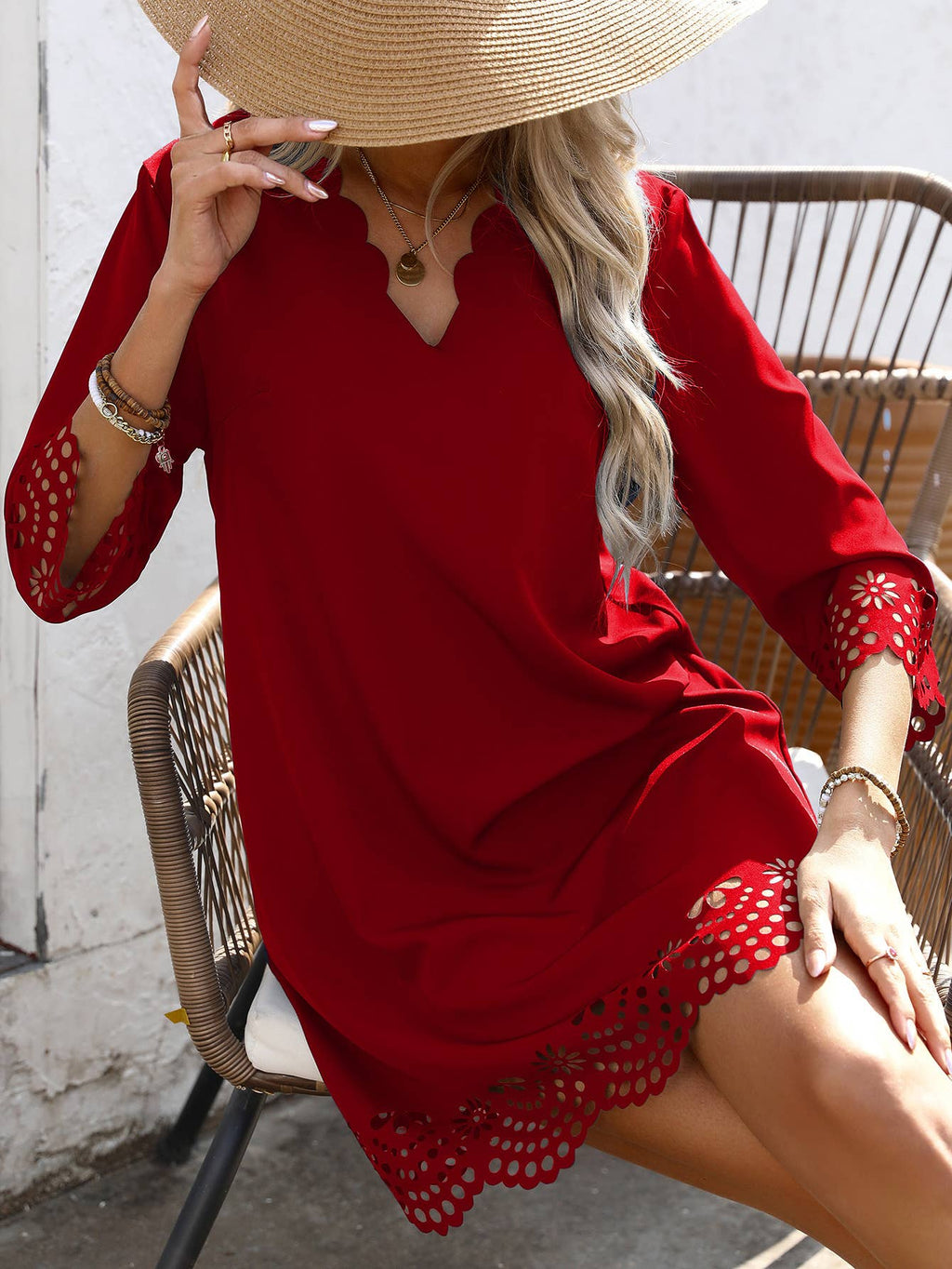 Solid color V-neck burn half sleeve A-line dress: BLACK / (XL) 1
