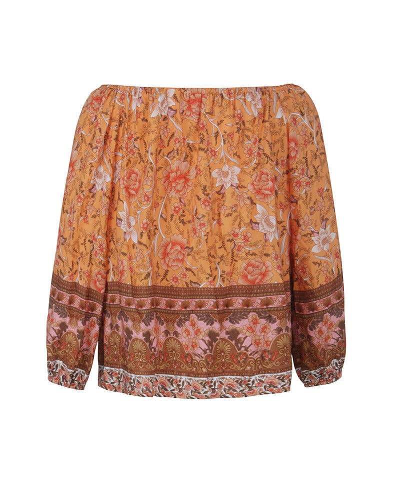 FLORAL LONG SLEEVE BLOUSE: Turquoise / S