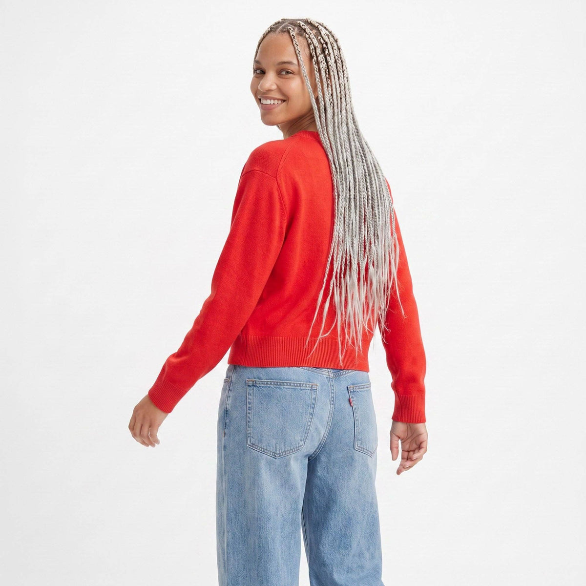 Crewneck Button-Front Knit Cardigan Sweater: Red / Small