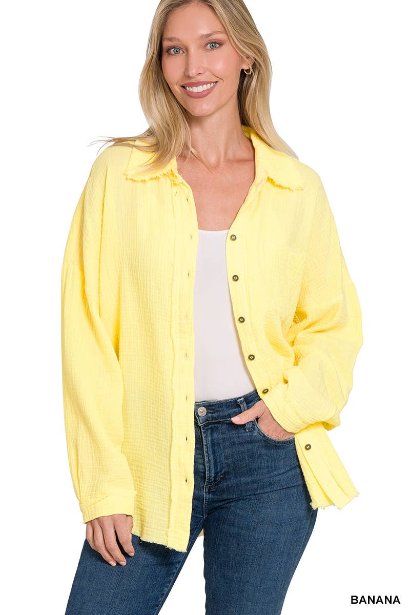 `Oversized Raw Edge Shirt W/ Back Patch Zenana: IVORY-147600 / S