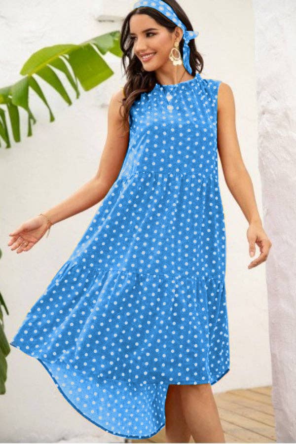POLKA DOT RUFFLE HEM MIDI DRESS: Blue / S