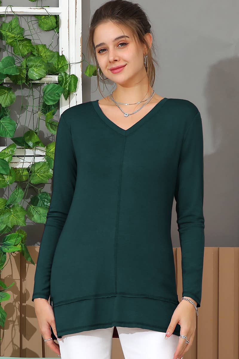 CWTTL1473_Casual V-Neck Loose Fit Long Sleeve Tops: NAVY / (M) 1