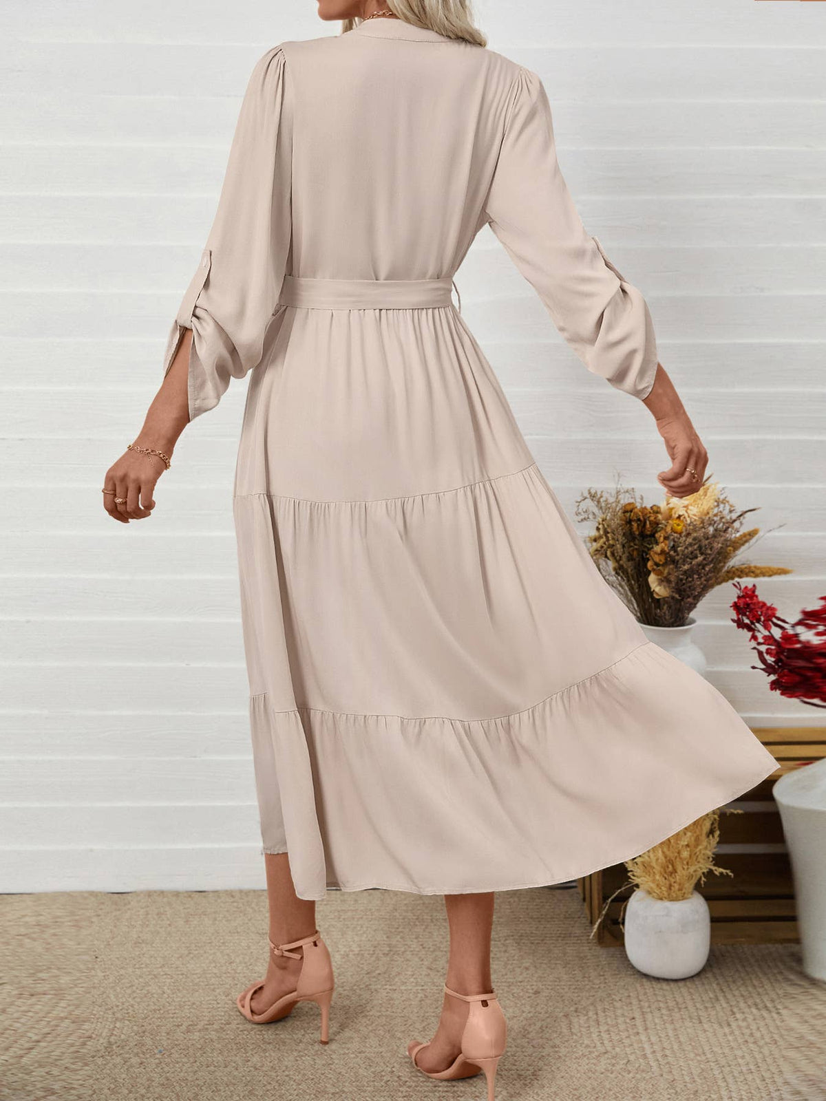 Casual,simple elegant stand-up collar long dress: APRICOT / (XL) 1