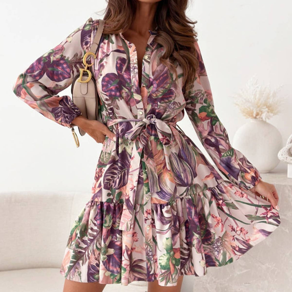 Stand collar plant print lace-up waist dress: COFFEE / (L) 1