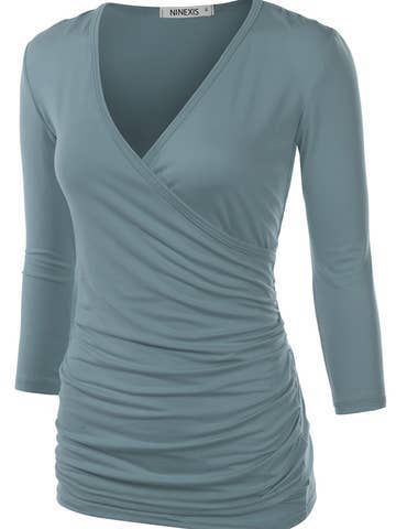 3/4 Sleeve Tank Tops Deep V-Neck Surplice Wrap: Black / (L) 1