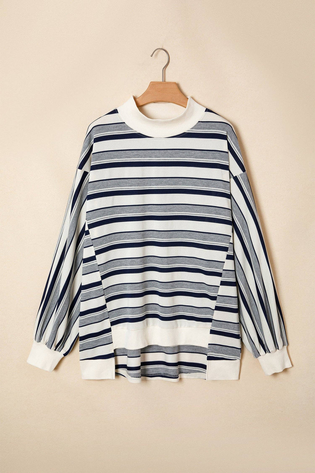 Blue Stripe Striped Ribbed Stand Neck Long Sleeve Shift Silhouette Sweatshirt: Blue Stripe / 95%Polyester+5%Elastane / S