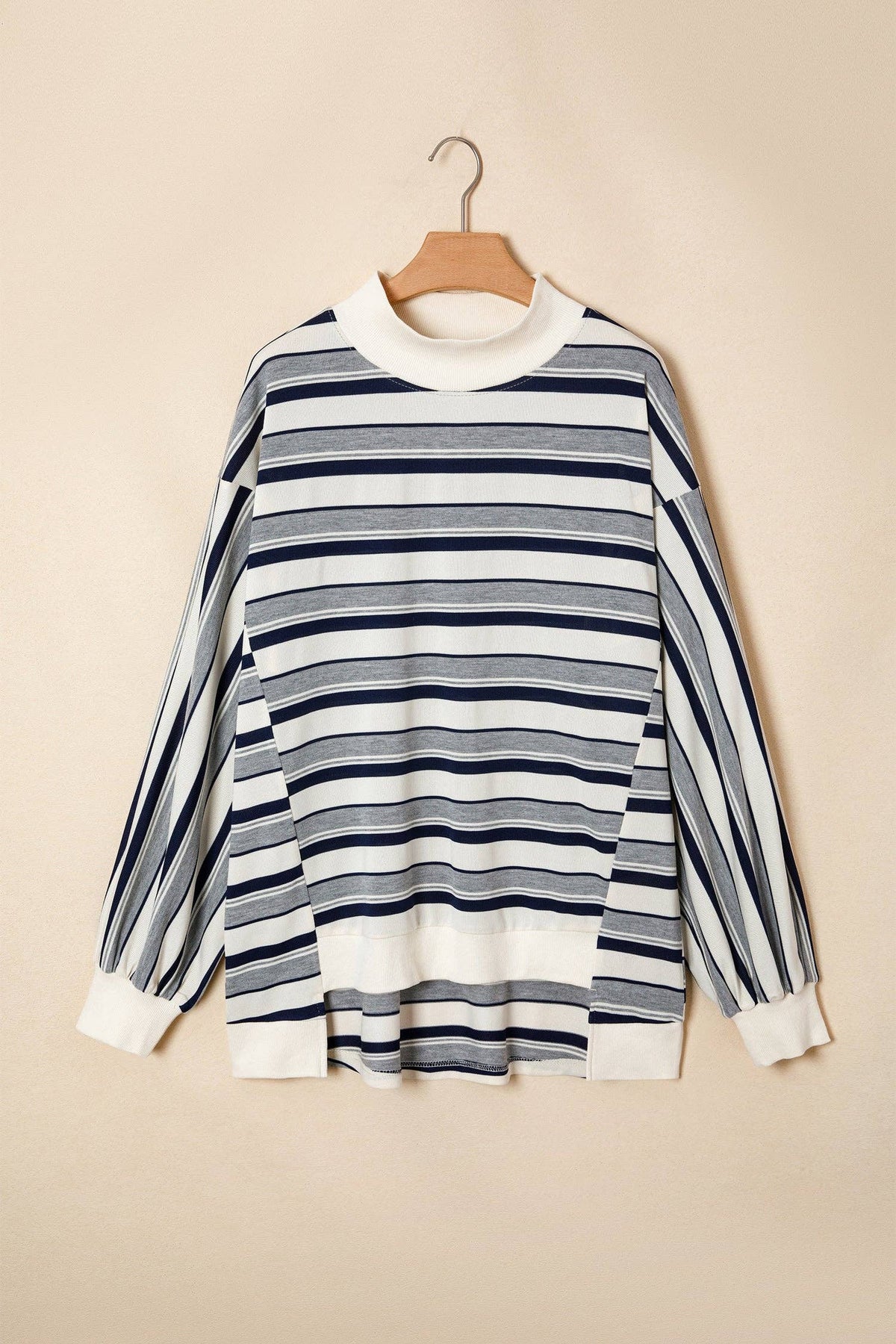 Blue Stripe Striped Ribbed Stand Neck Long Sleeve Shift Silhouette Sweatshirt: Blue Stripe / 95%Polyester+5%Elastane / S