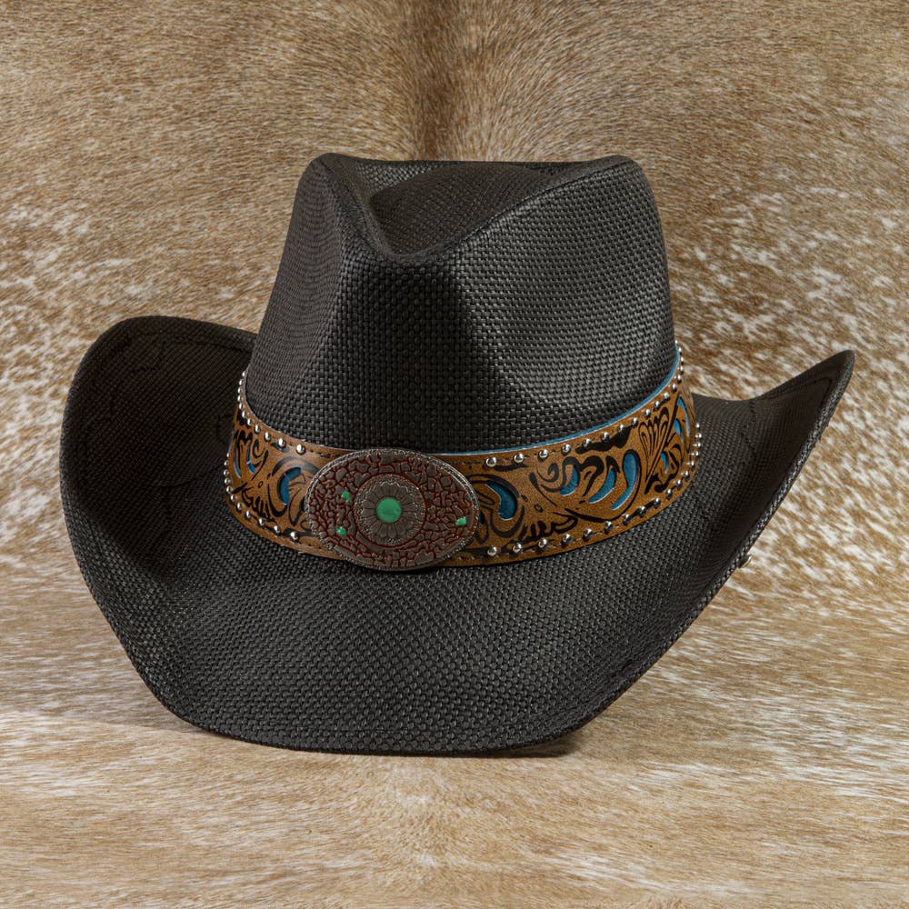 Studded Tooled Band Western Cowboy Hat: BK