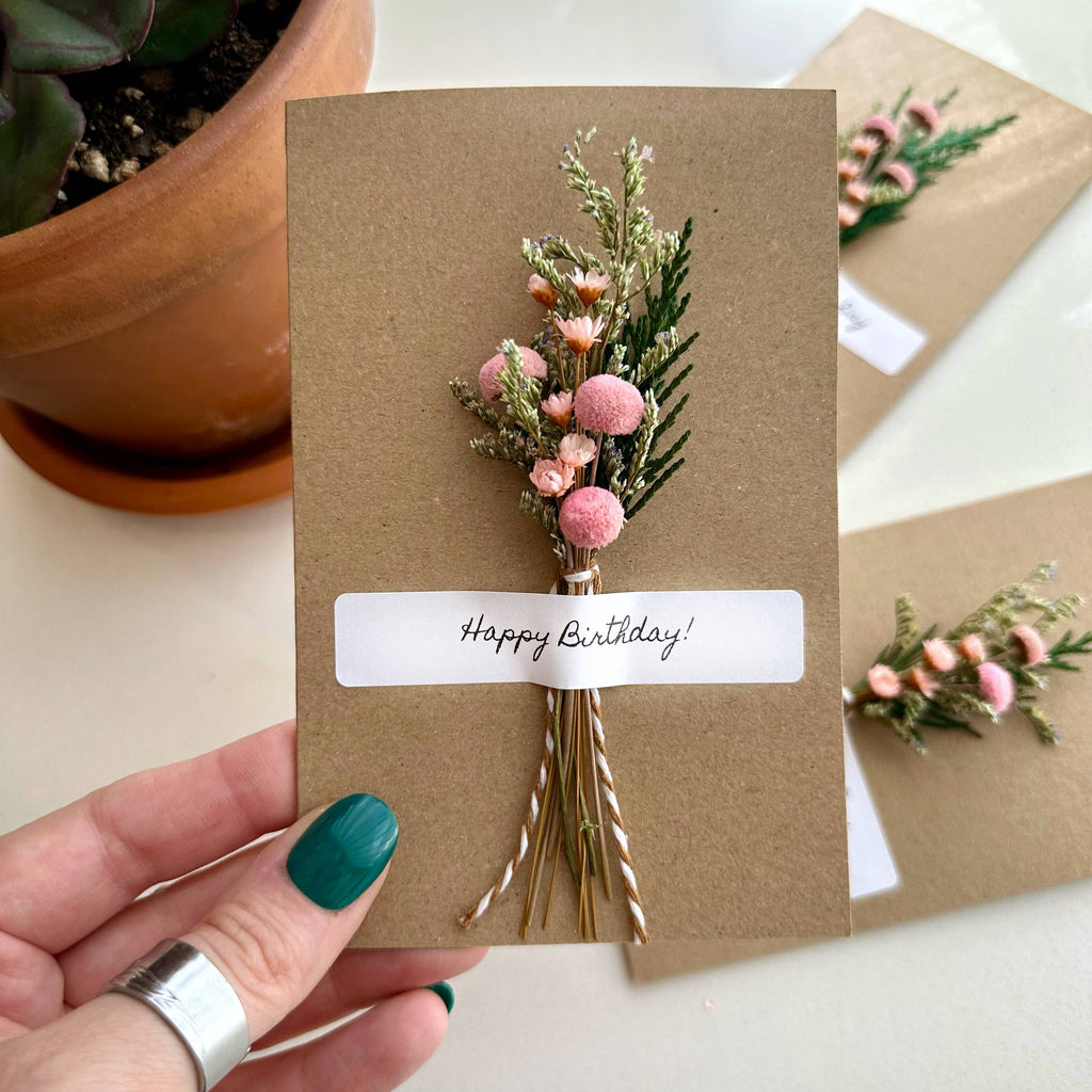 Happy Birthday Pink Dried Floral Bouquet Card