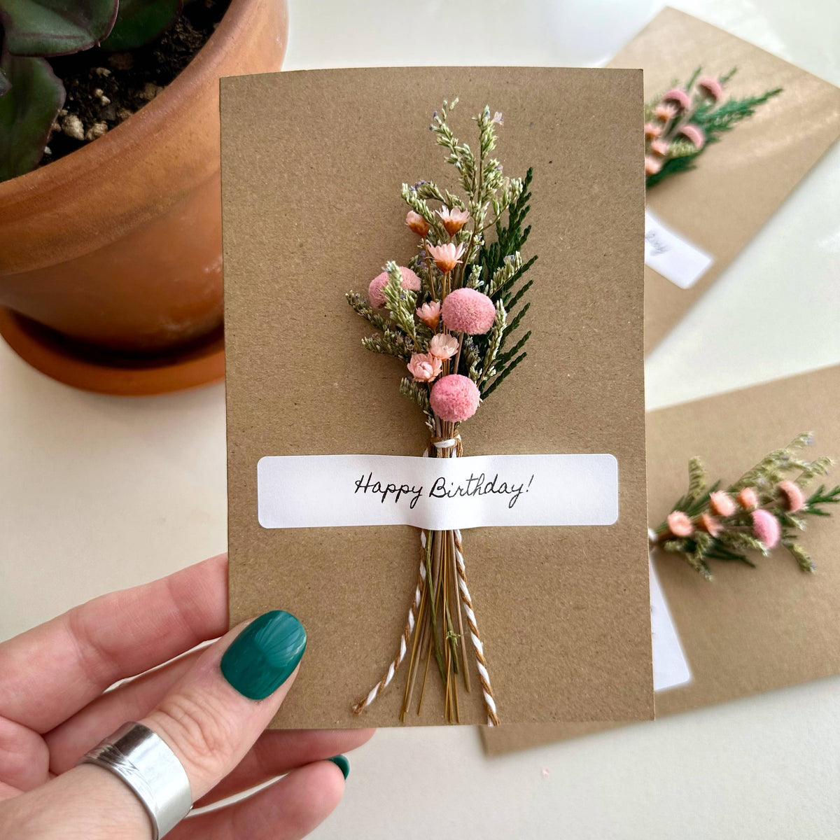 Happy Birthday Pink Dried Floral Bouquet Card
