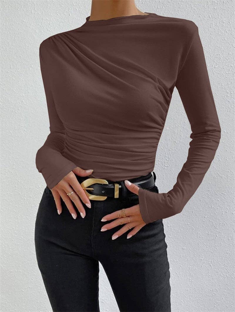 Ruched Mock Neck Fitted Long Sleeve Layering Top: White / 95%cotton+5%Spandex / XS