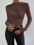 Ruched Mock Neck Fitted Long Sleeve Layering Top: Coffee Brown / 95%cotton+5%Spandex / L