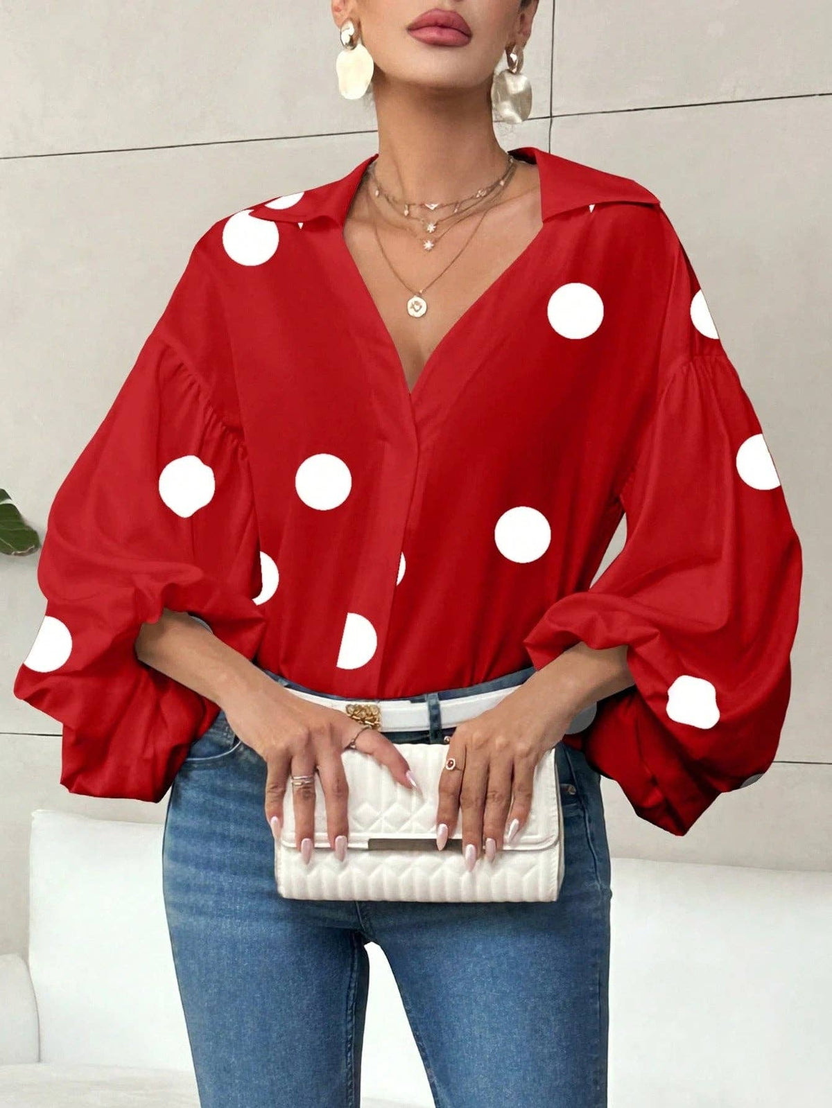 French Polka Dot Half-Open Collar Puff Sleeve Top: Black / 100% Polyester / S