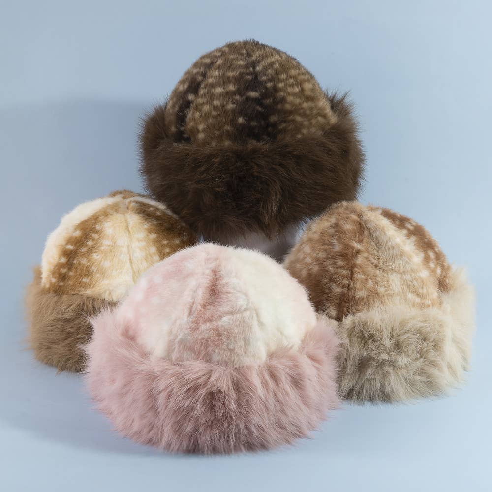 Deer Fawn Print Marled Fur Trim Bucket Hat: LBR