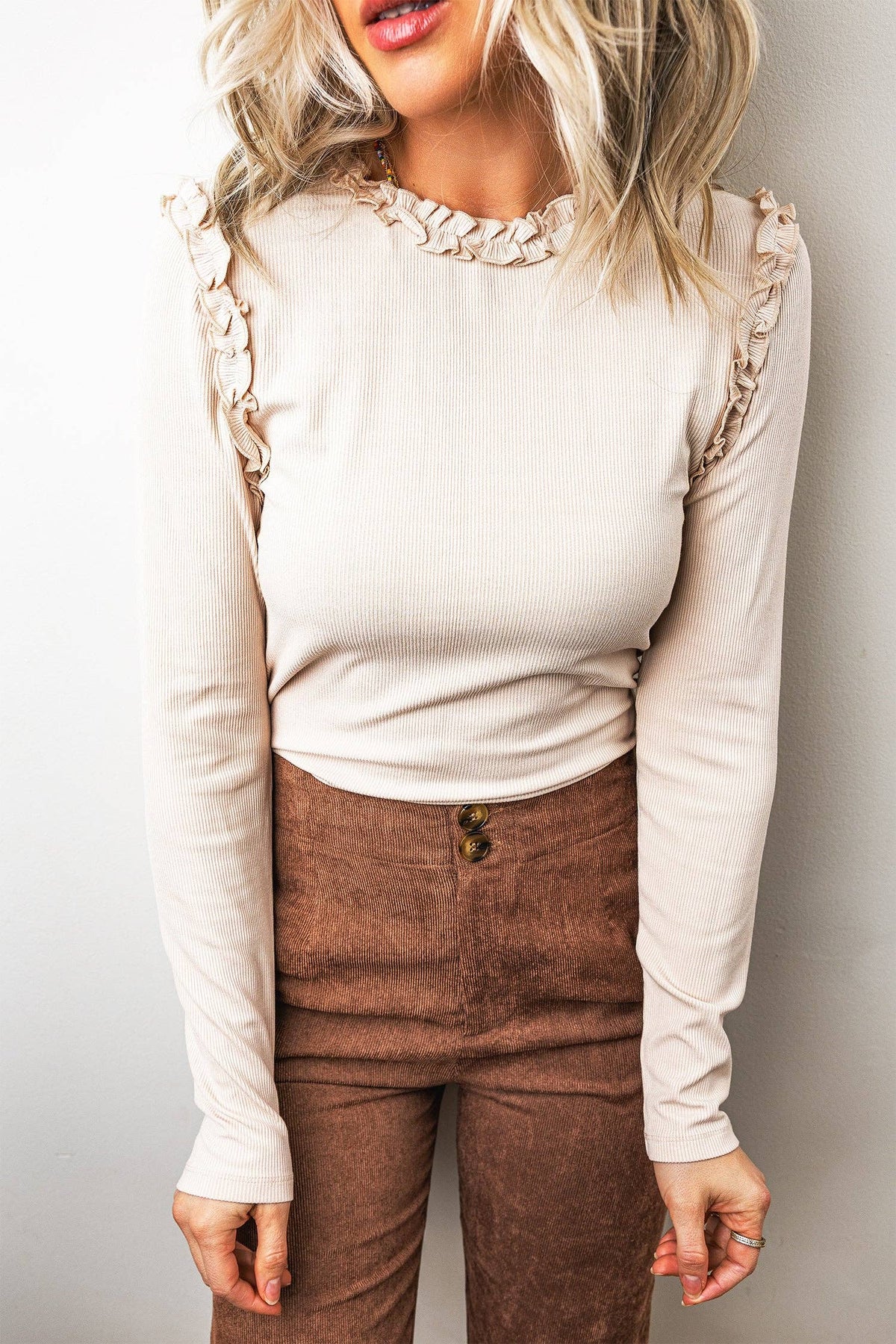 Beige Solid Color Round Neck Frill Detail Long Sleeve Top: Beige / XL