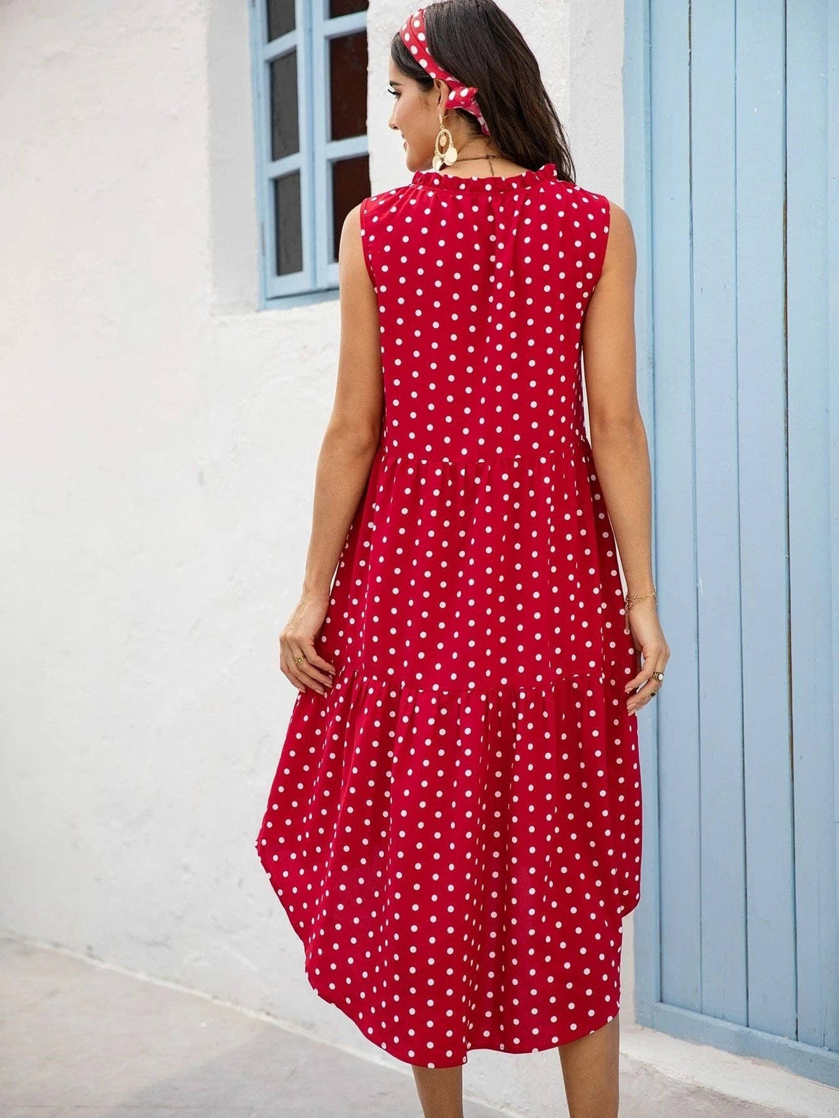 POLKA DOT RUFFLE HEM MIDI DRESS: Blue / S