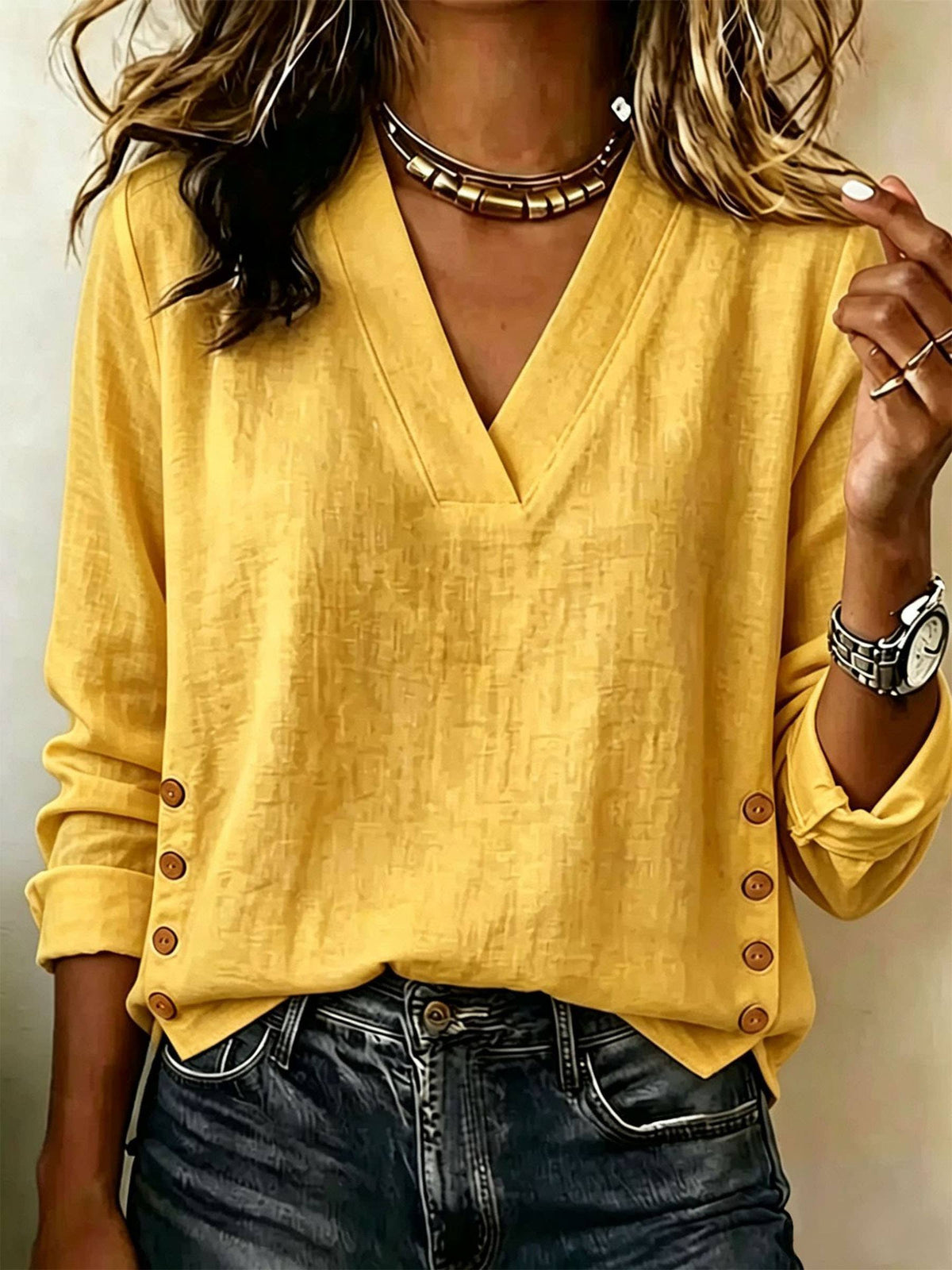 Women V Neck Cotton Linen Top Long Sleeve Side Button Top: Pink / S