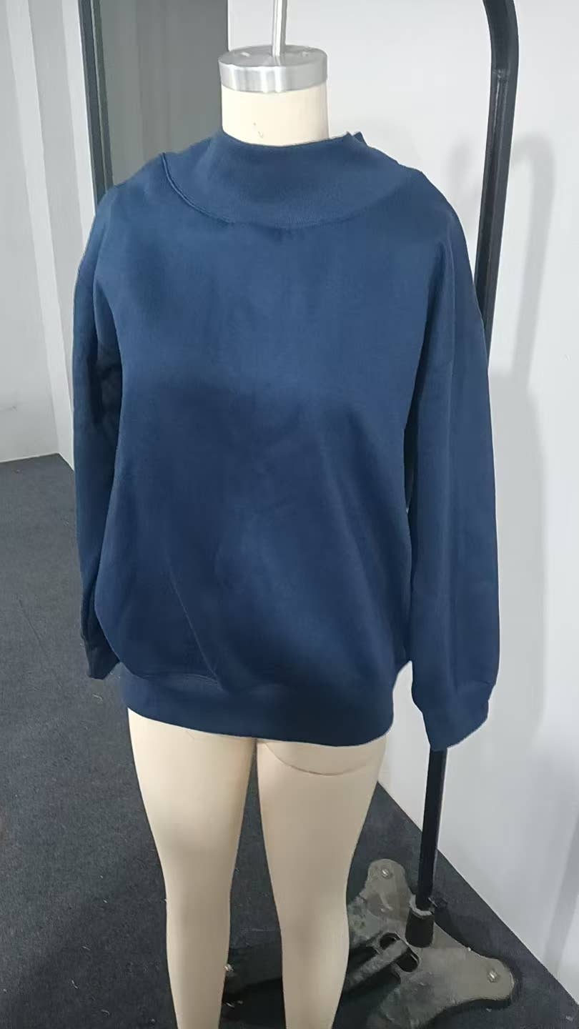 Solid Color High Neck Fleece Sweatshirt: GRAY BLUE / S