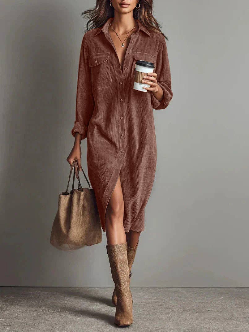 Corduroy Shirt Dress Long Sleeve Button Down Midi: Brown / 100%Polyester / XS
