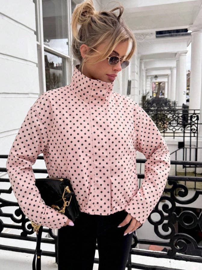 Polka Dot Woven Jacket Trendy Zip Up Stand Collar: White / 100%Polyester / S