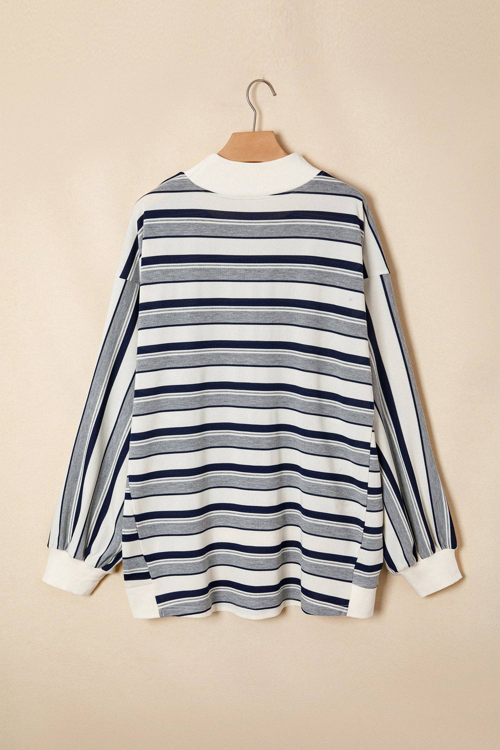 Blue Stripe Striped Ribbed Stand Neck Long Sleeve Shift Silhouette Sweatshirt: Blue Stripe / 95%Polyester+5%Elastane / S