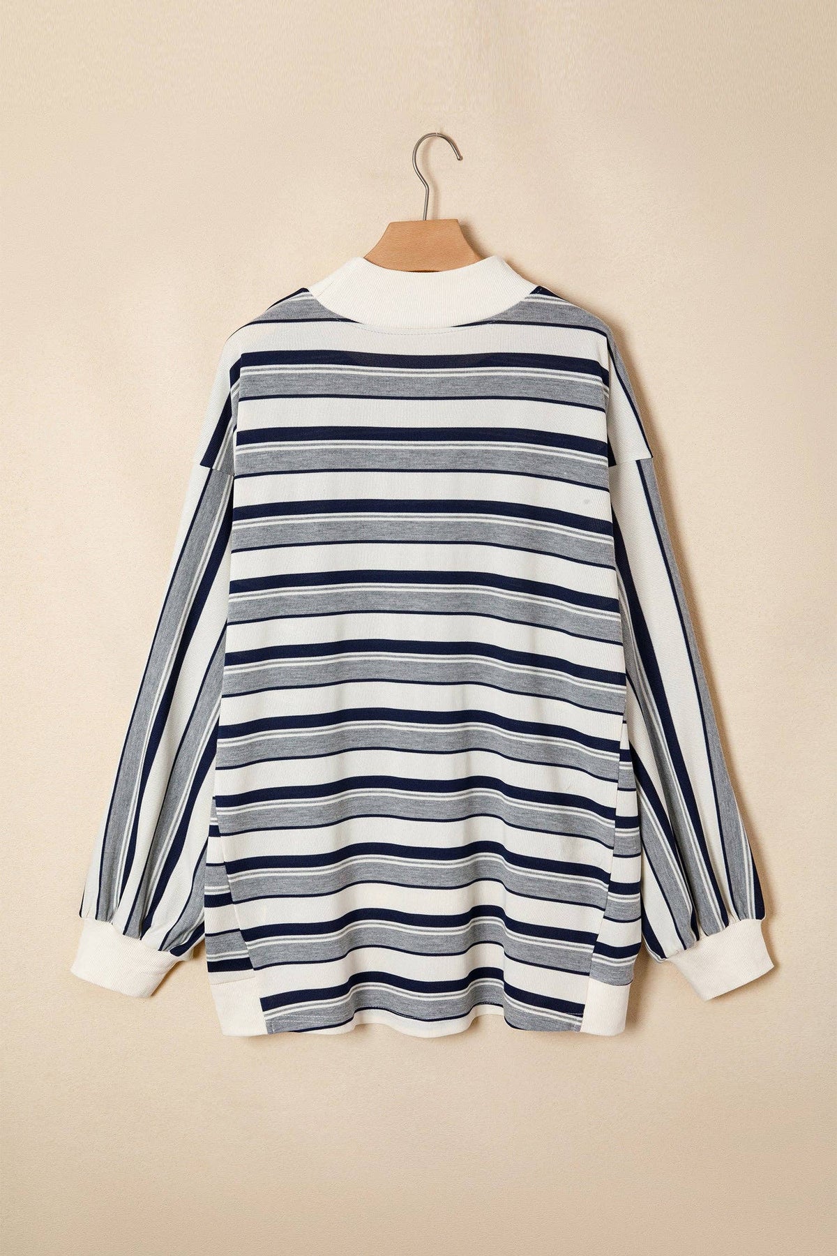 Blue Stripe Striped Ribbed Stand Neck Long Sleeve Shift Silhouette Sweatshirt: Blue Stripe / 95%Polyester+5%Elastane / S