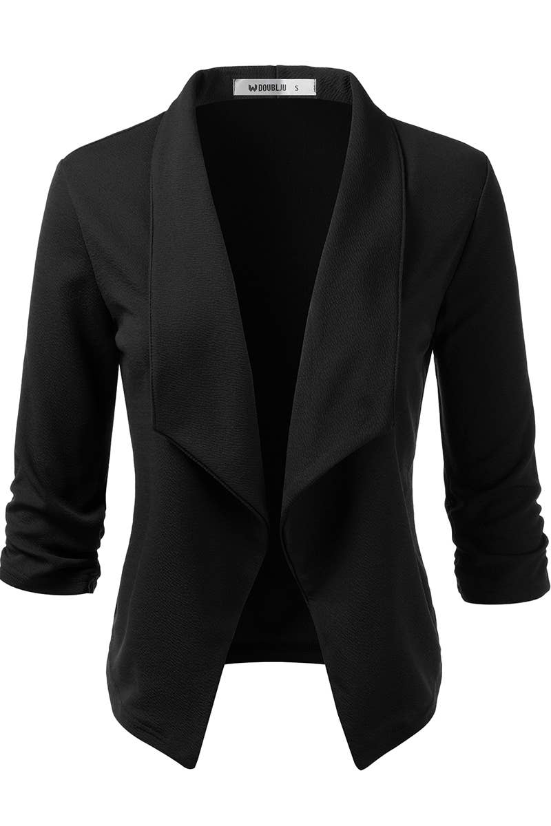 CWOBL091_Casual Work Ruched 3/4 Slv Open Front Blazer Jacket: STONE / (M) 1