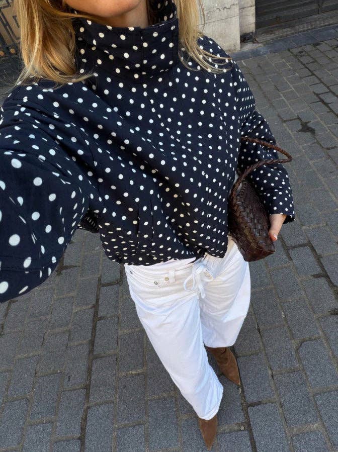 Polka Dot Woven Jacket Trendy Zip Up Stand Collar: White / 100%Polyester / S