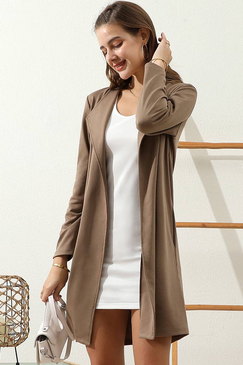 CWOCO153_DRAPE OPEN FRONT OFFICE TRENCH JACKET BLAZER: BROWN / (L) 1