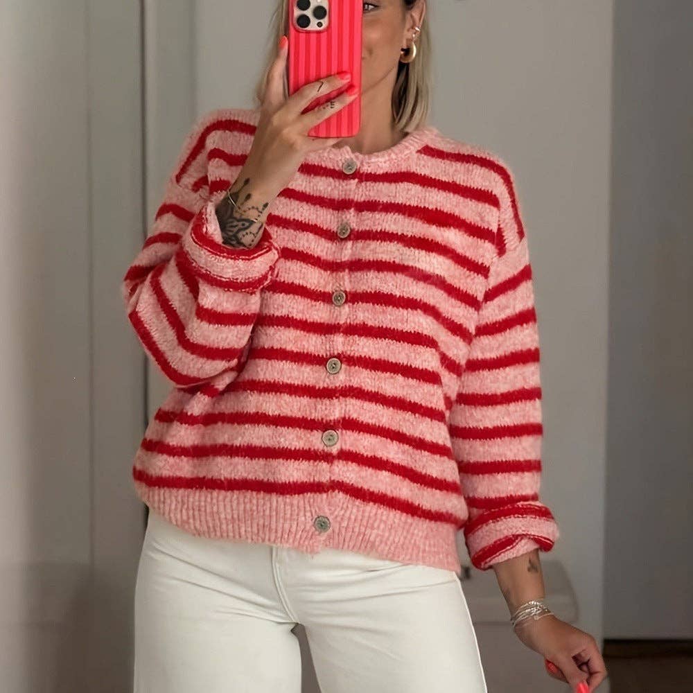 Striped Button Front Oversized Knit Cardigan: Red / 65%Polyester+30%Viscose   +5%Elastane / S