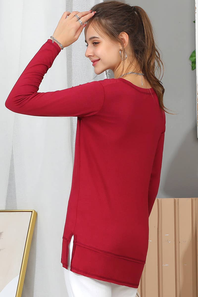 CWTTL1473_Casual V-Neck Loose Fit Long Sleeve Tops: NAVY / (XL) 1