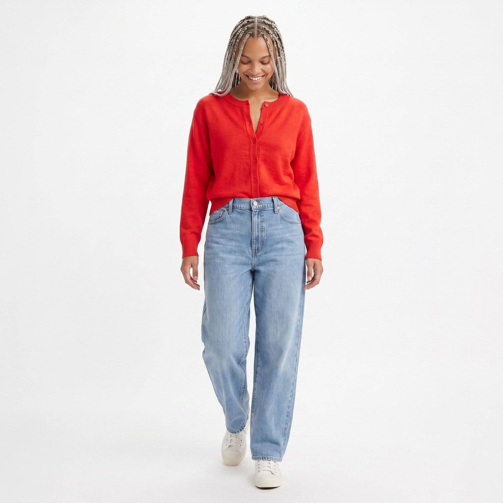 Crewneck Button-Front Knit Cardigan Sweater: Red / Small